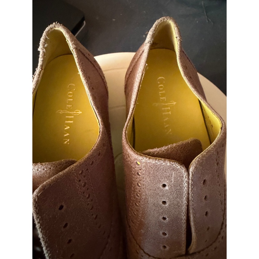 Cole Haan Zerogrand Taupe Suede Wingtip Oxford Neon Yellow Sole D36733 7.5B - Picture 5 of 9